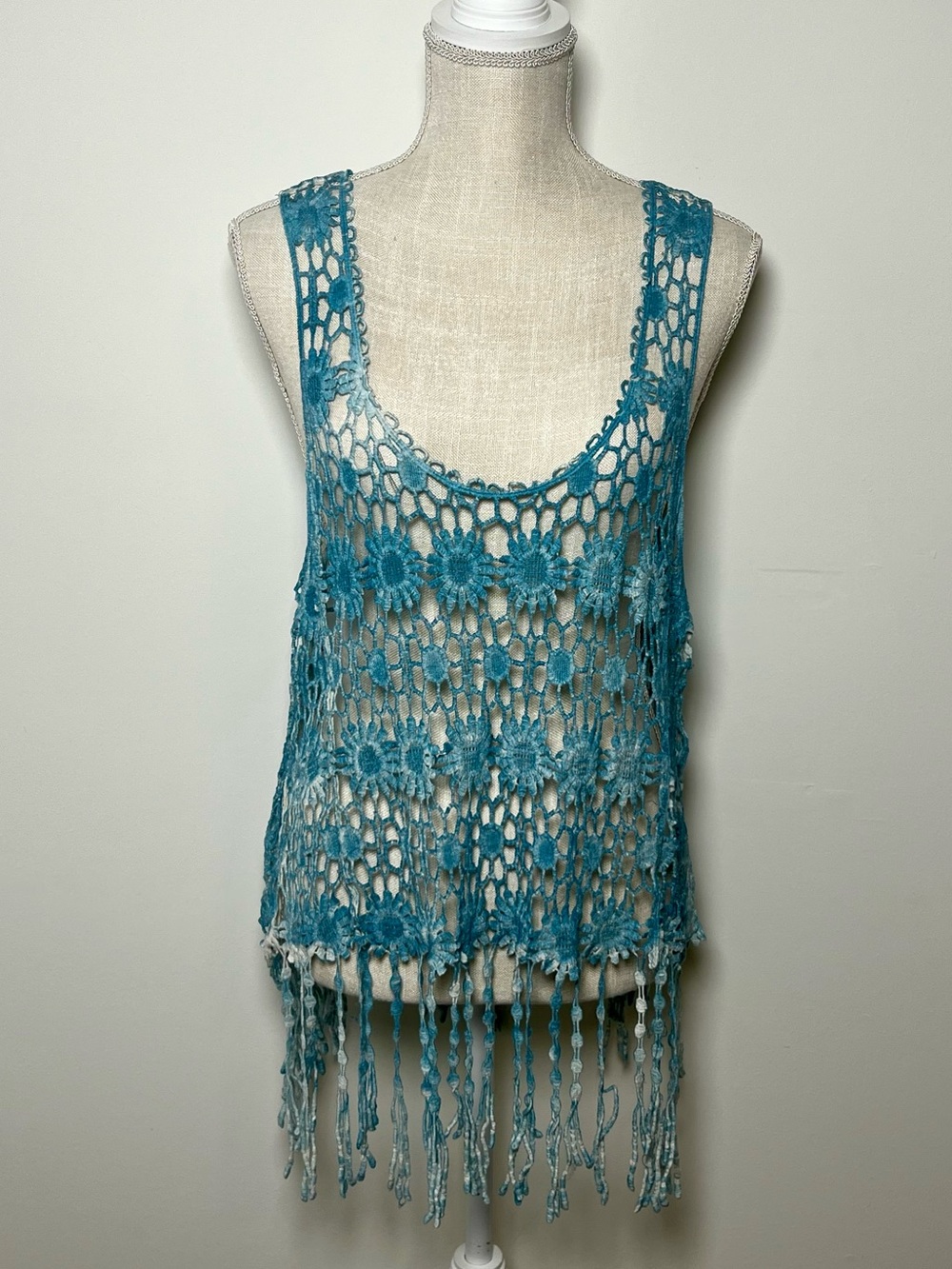 India Boutique Blue and White Floral Crochet Top with Fringe Detail